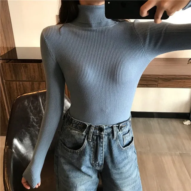 2019 Slim Long Sleeve Turtleneck Autumn Winter Sweater Women Knitted Ribbed Pullover Sweater Jumper Soft Warm Pull Femme 6897 50