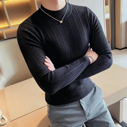 Aidase Fashion Slim Fit Turtleneck Knitted Sweater Men Slim Fit Clothing Autumn New Casual Stripe Pullovers All-match Warm Tops
