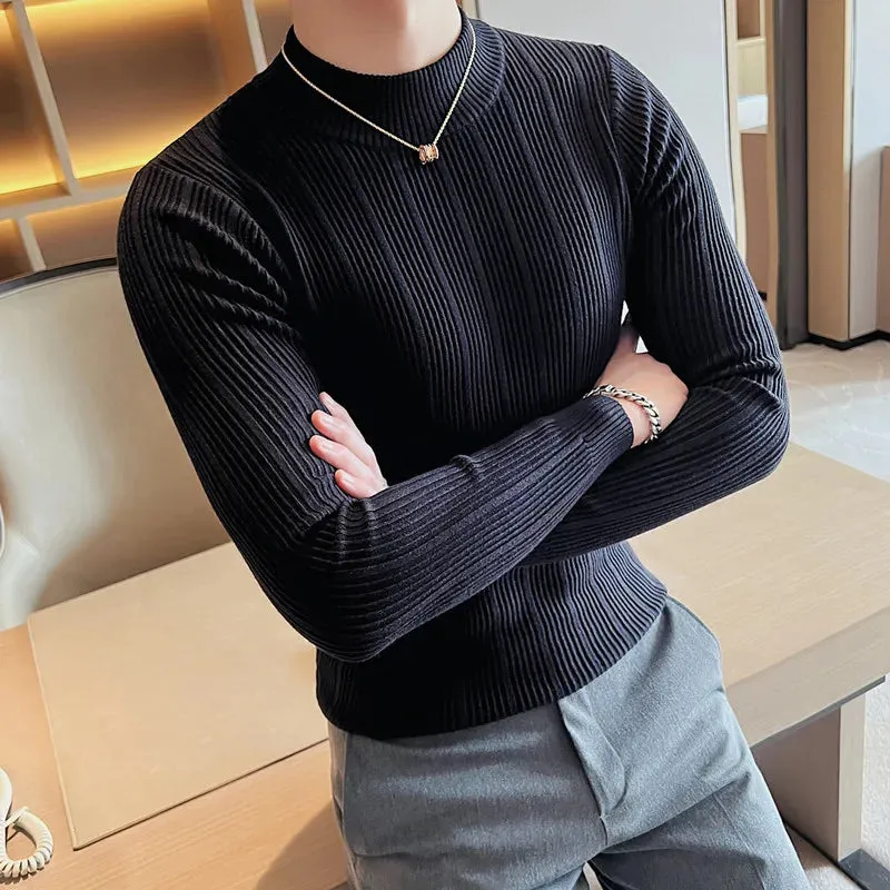 Aidase Fashion Slim Fit Turtleneck Knitted Sweater Men Slim Fit Clothing Autumn New Casual Stripe Pullovers All-match Warm Tops