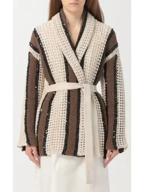 Belted Sequined Stripe Wrap-Around Cardigan
