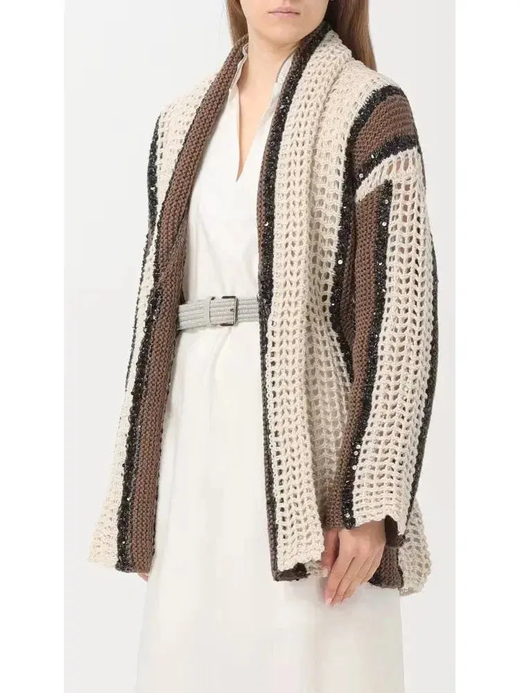 Belted Sequined Stripe Wrap-Around Cardigan