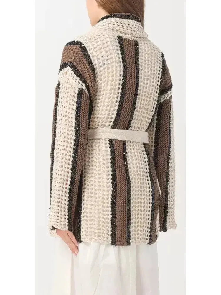 Belted Sequined Stripe Wrap-Around Cardigan