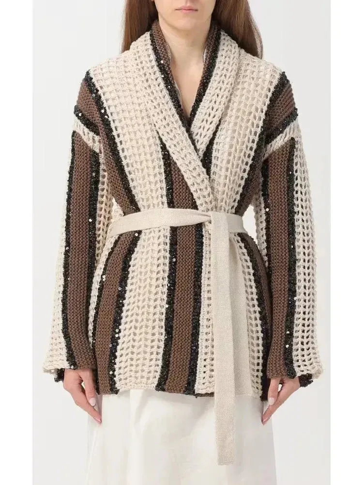 Belted Sequined Stripe Wrap-Around Cardigan
