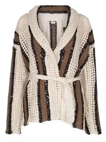 Belted Sequined Stripe Wrap-Around Cardigan