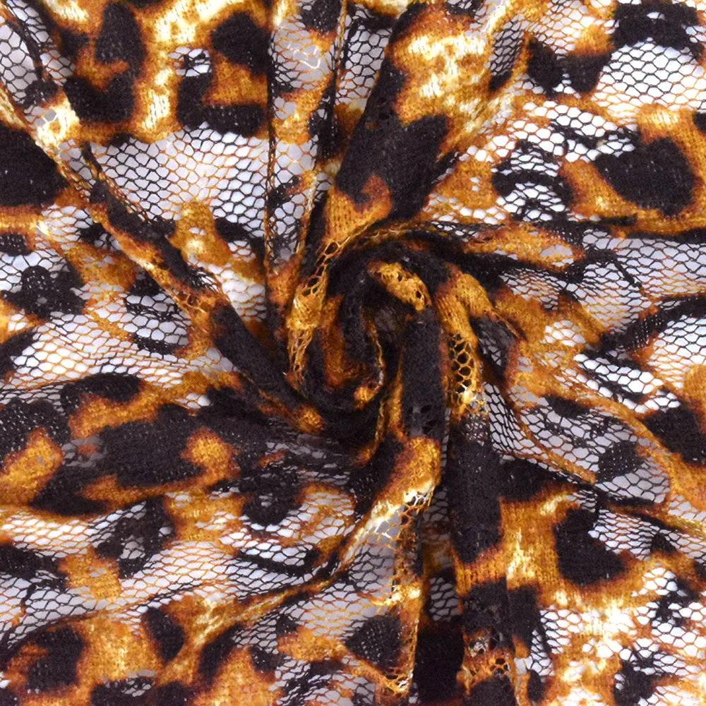 Black-Brown-Multi Cheetah Printed Stretch Mesh Lace Knit Fabric