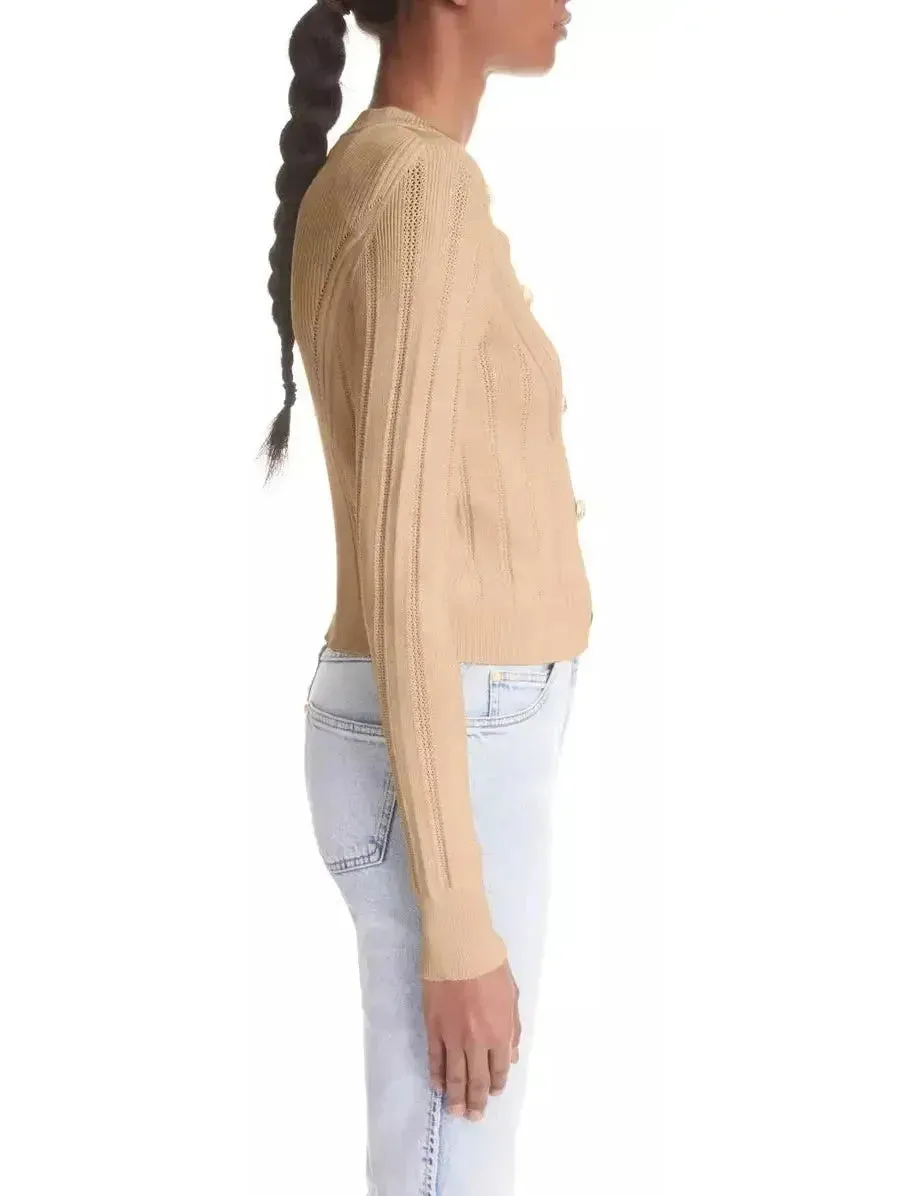 Button Embellished Knitted Cardigan in Beige