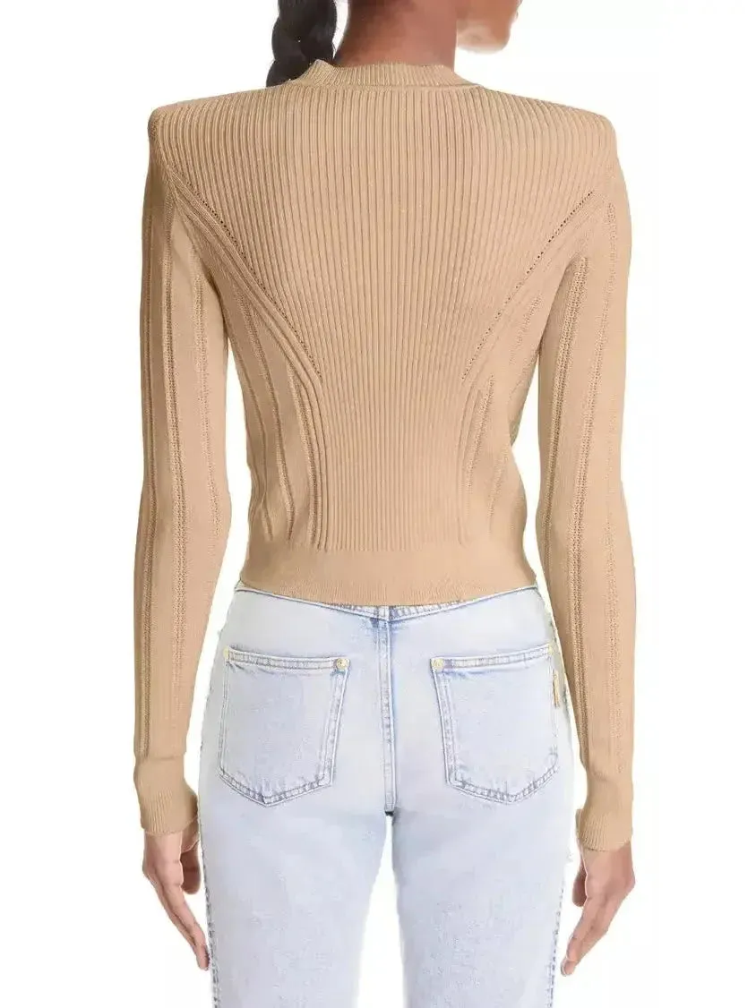 Button Embellished Knitted Cardigan in Beige