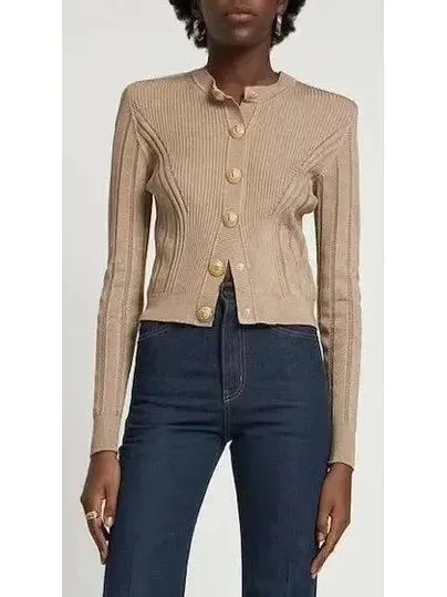 Button Embellished Knitted Cardigan in Beige