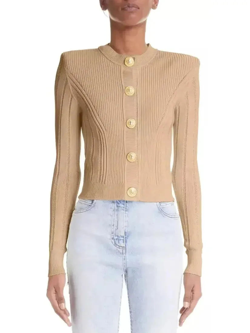 Button Embellished Knitted Cardigan in Beige
