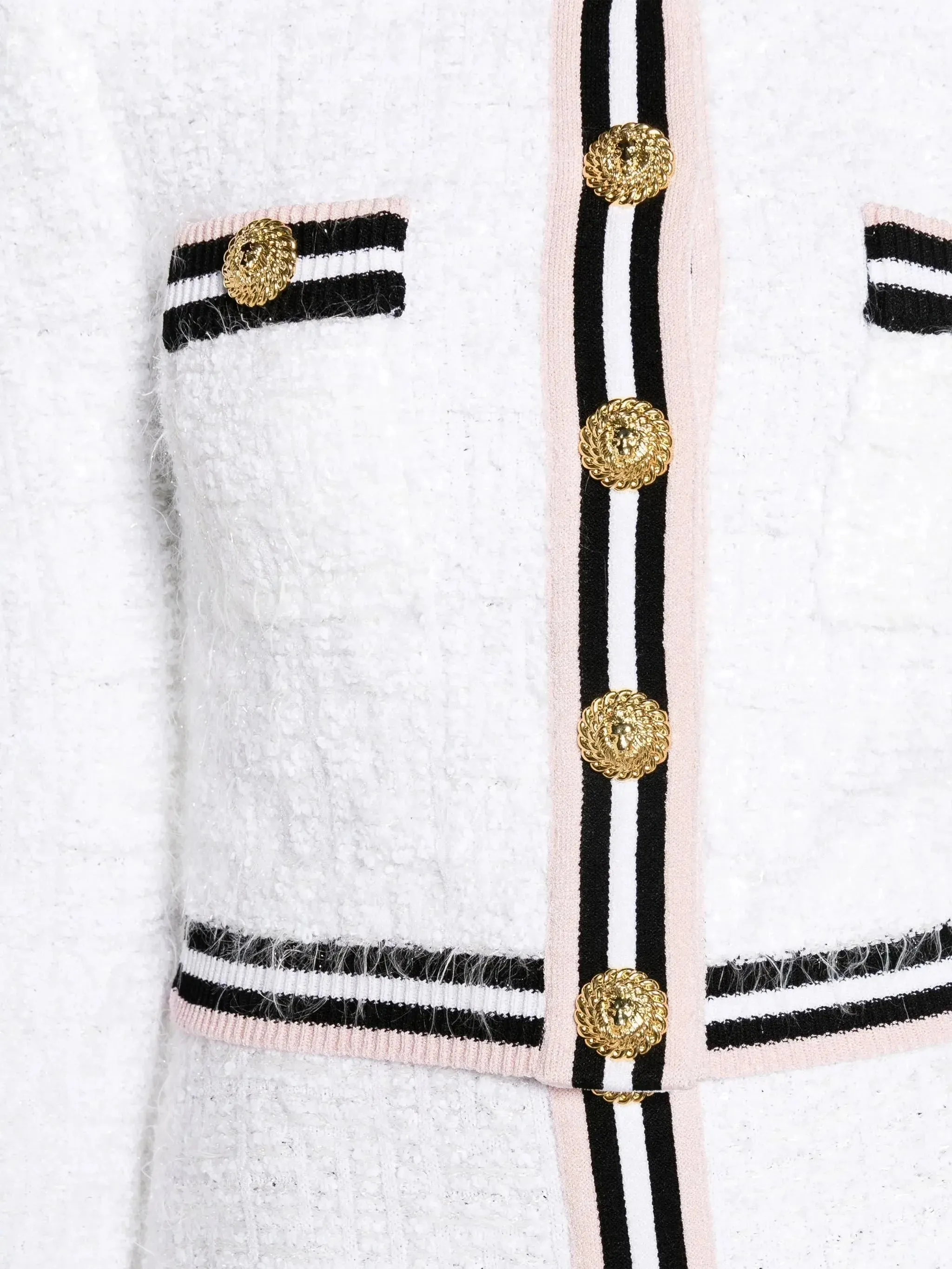 Button-Embellished White Boucle Tweed Cardigan Sweater