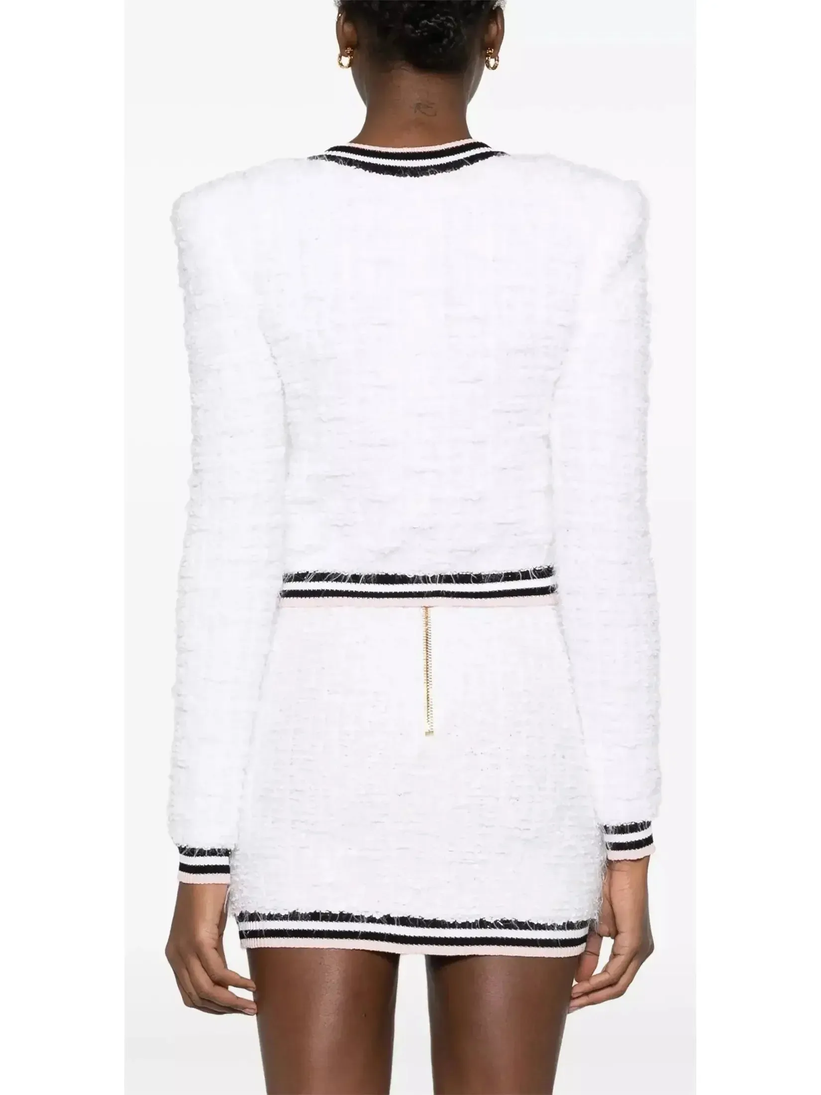 Button-Embellished White Boucle Tweed Cardigan Sweater