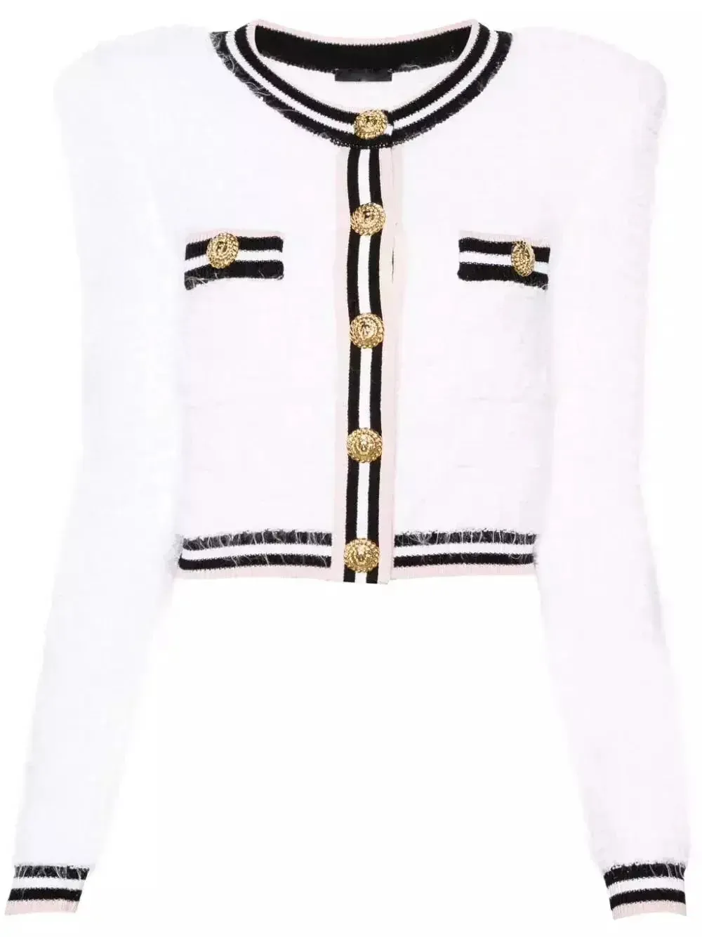 Button-Embellished White Boucle Tweed Cardigan Sweater