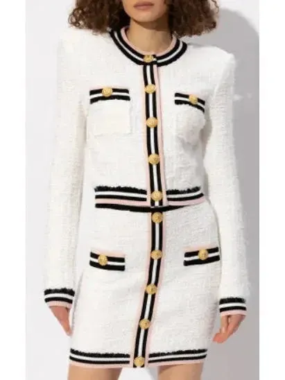Button-Embellished White Boucle Tweed Cardigan Sweater