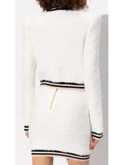 Button-Embellished White Boucle Tweed Cardigan Sweater