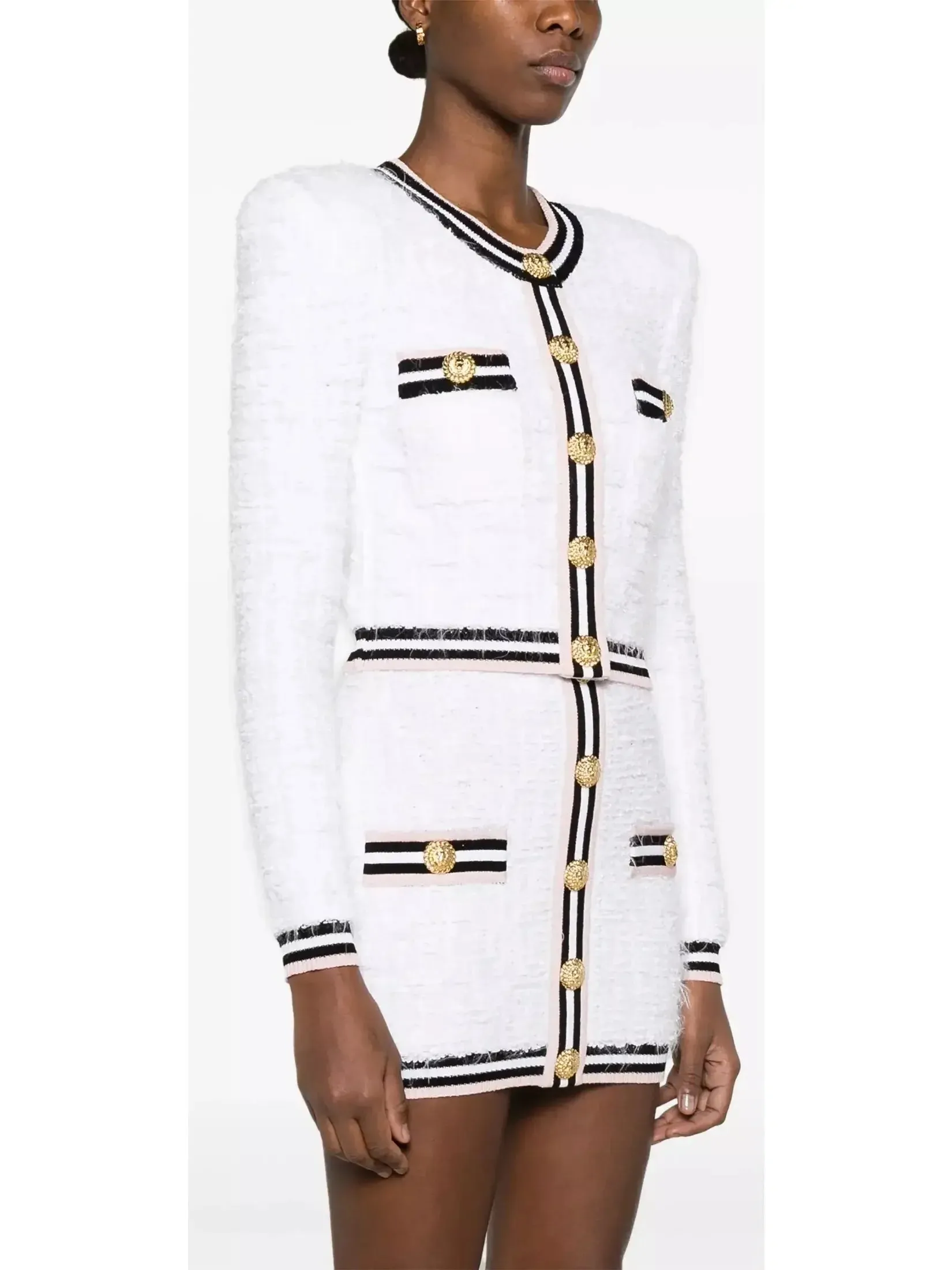 Button-Embellished White Boucle Tweed Cardigan Sweater