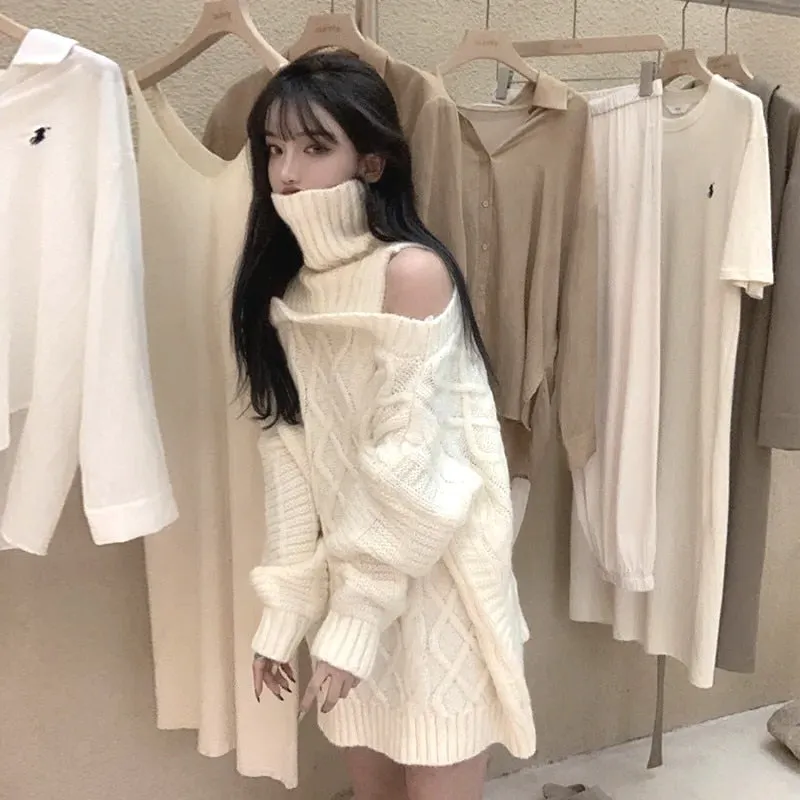 deanwangkt Autumn Winter Korean Style Women Turtleneck Knitted Sweaters Fashion Wild Knitwear Outwear Female Sexy Off Shoulder Pullovers