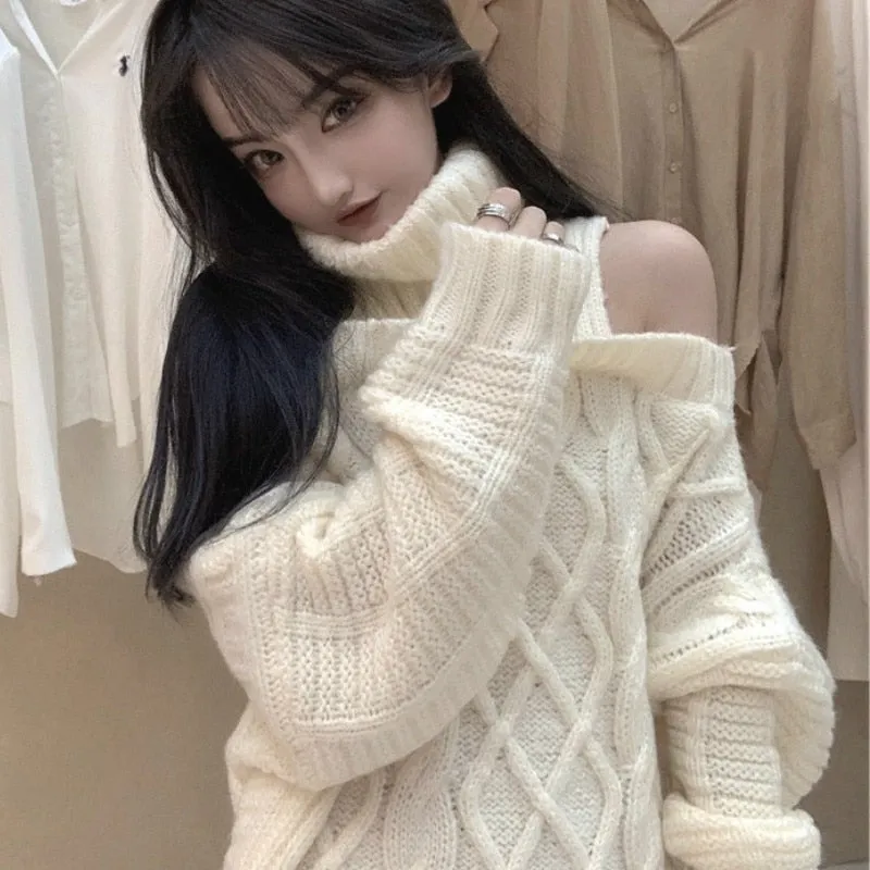 deanwangkt Autumn Winter Korean Style Women Turtleneck Knitted Sweaters Fashion Wild Knitwear Outwear Female Sexy Off Shoulder Pullovers