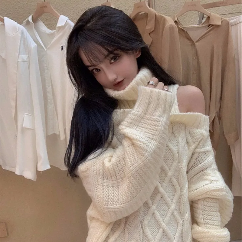 deanwangkt Autumn Winter Korean Style Women Turtleneck Knitted Sweaters Fashion Wild Knitwear Outwear Female Sexy Off Shoulder Pullovers