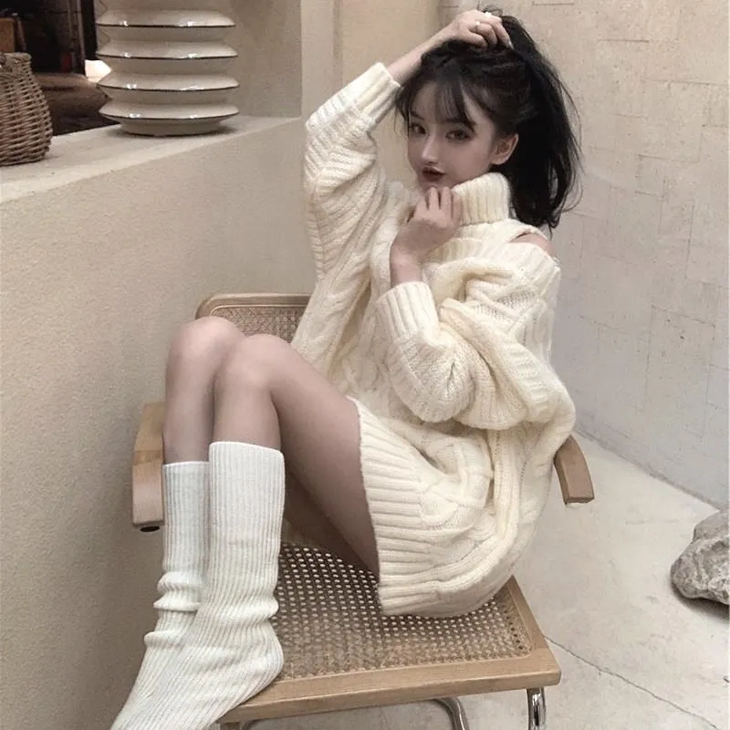deanwangkt Autumn Winter Korean Style Women Turtleneck Knitted Sweaters Fashion Wild Knitwear Outwear Female Sexy Off Shoulder Pullovers