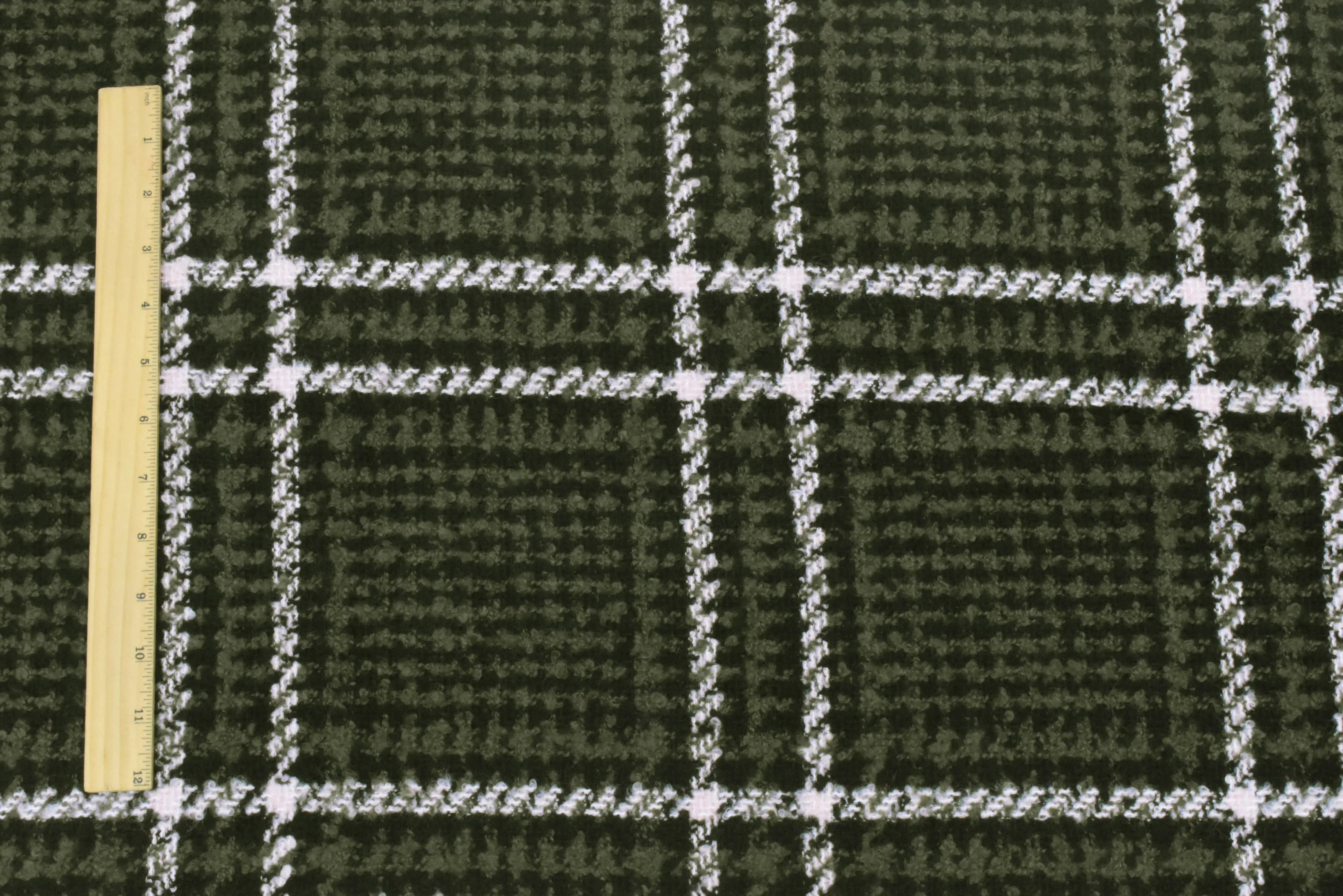 Deep Olive-Black-Pink Boucle Plaid Poly-Wool Twill Woven Jacketing Fabric