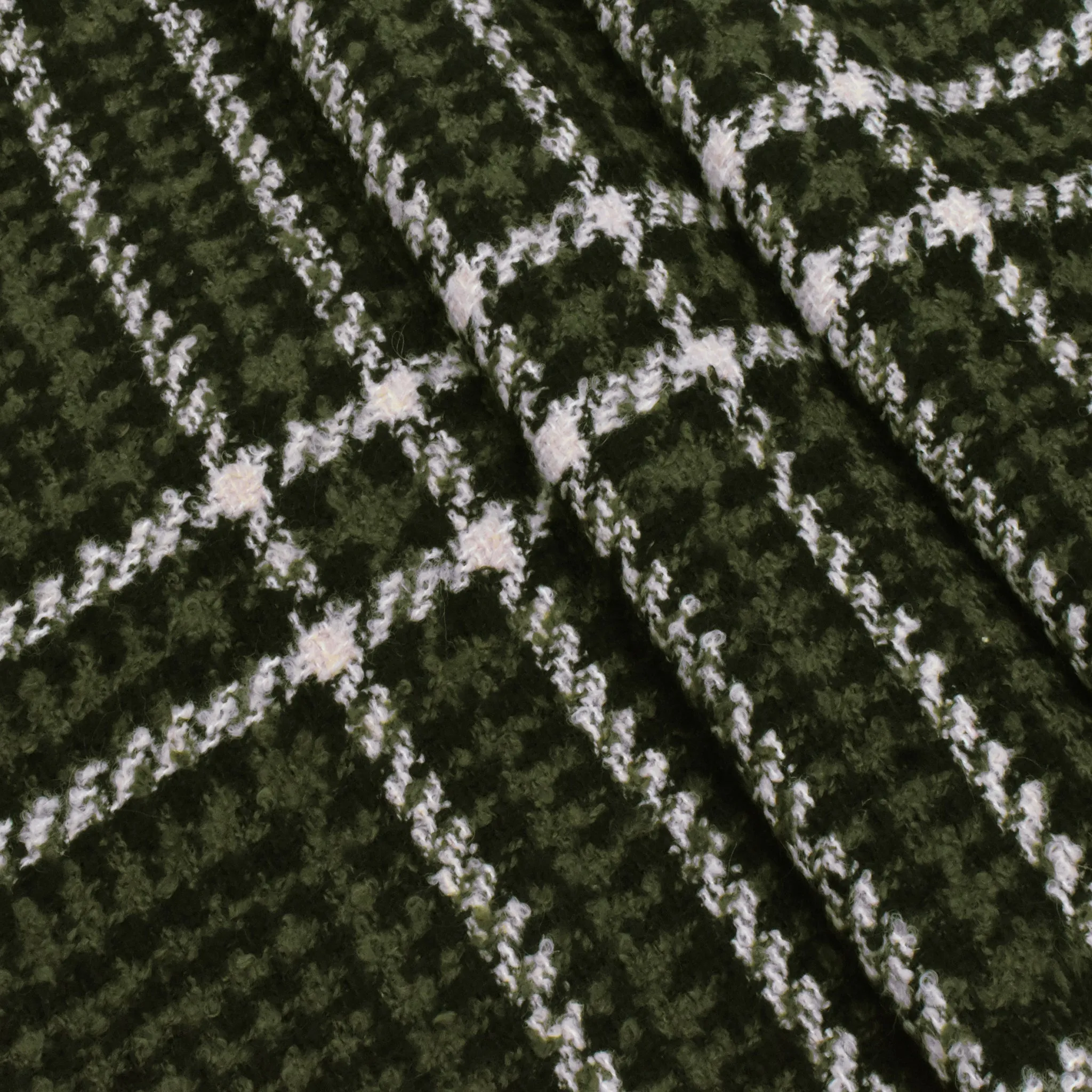Deep Olive-Black-Pink Boucle Plaid Poly-Wool Twill Woven Jacketing Fabric