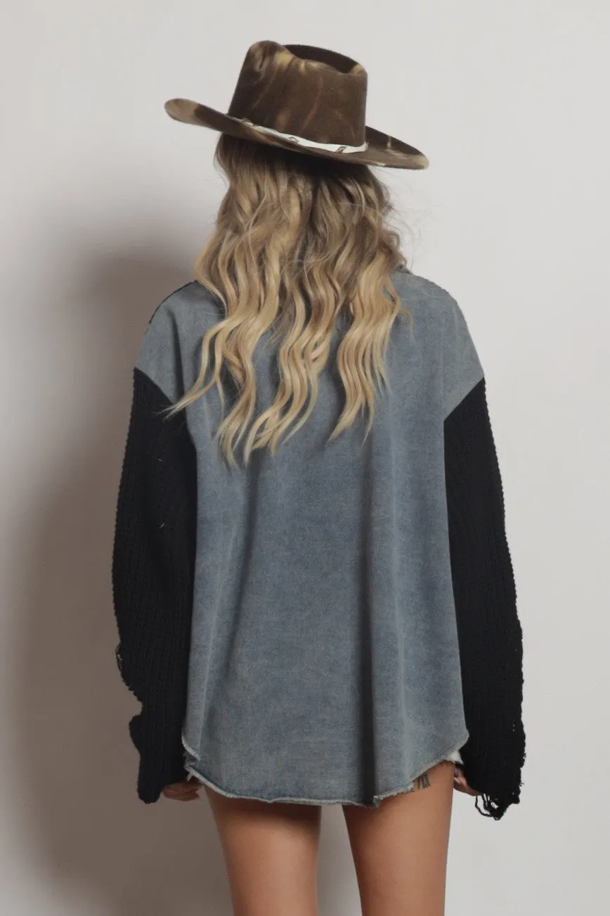 Distressed Denim Knit Mix Match Jacket Shirts