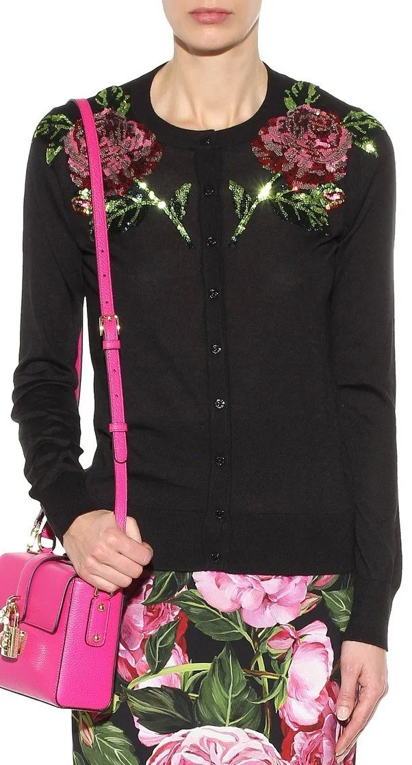 Embellished Rose Cardigan Sweater, Black