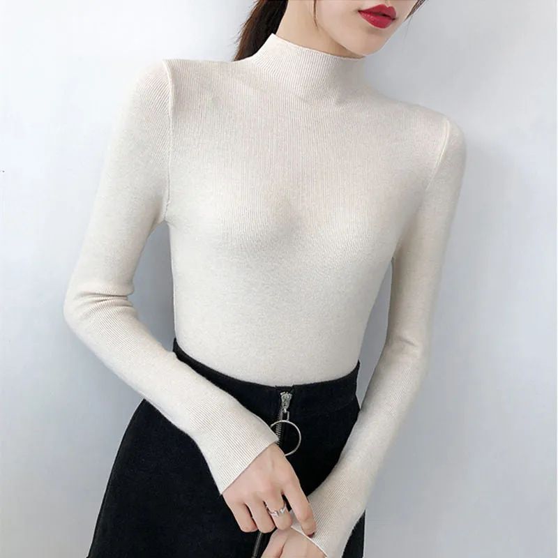 Fashionkova  Women Solid Half Turtleneck Knitted Pullovers Sweaters Causal Autumn Winter Primer Shirt Long Sleeve Slim-Fit Tight Jumper Tops