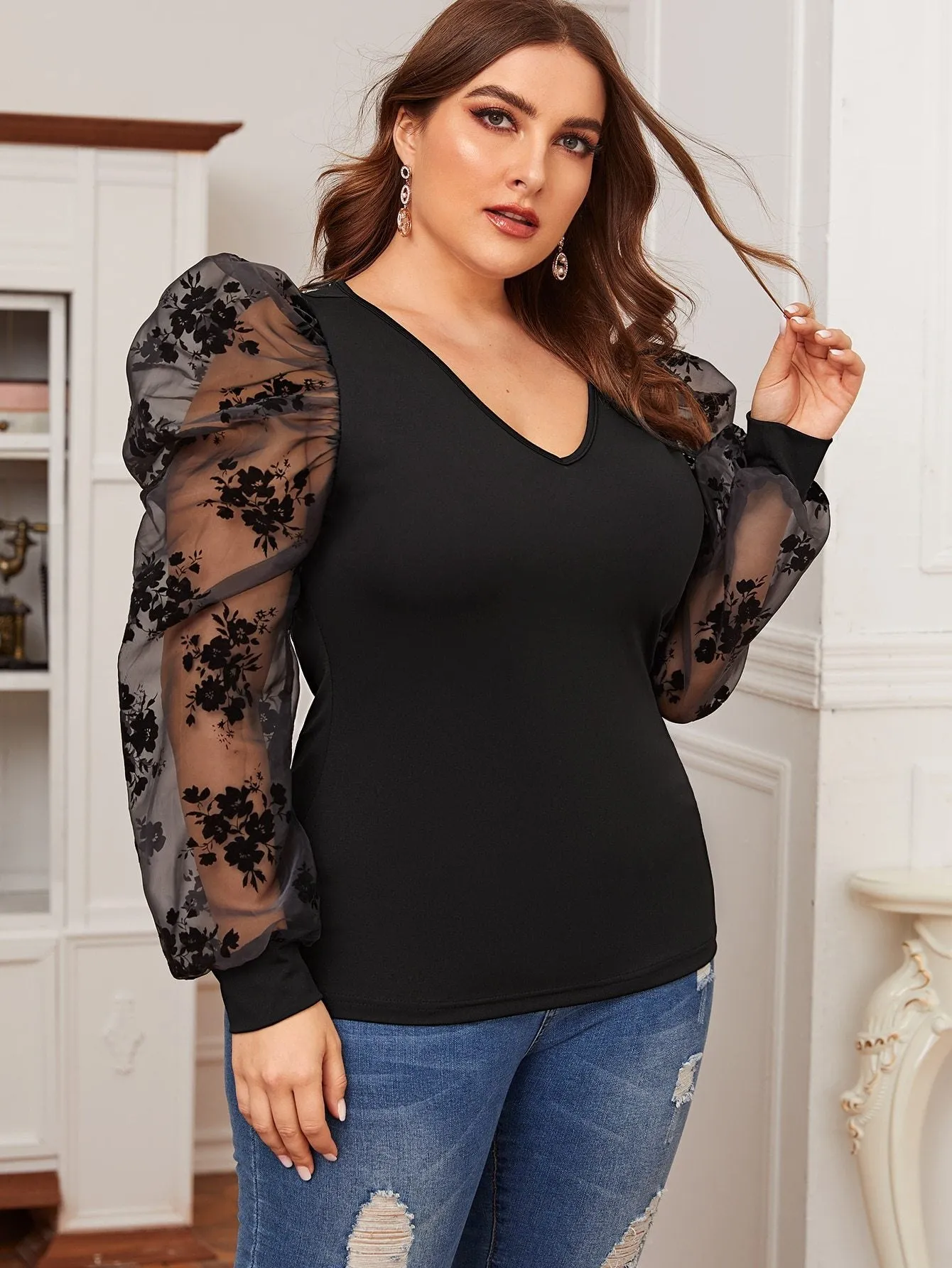Flocked Mesh Gigot Sleeve Form Fitted Top