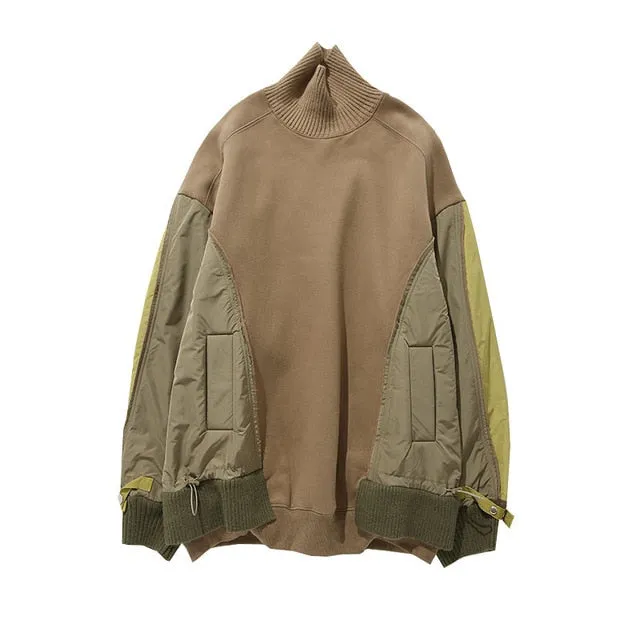 Hit Color Patchwork Loose Turtleneck Casual Sweatshirt