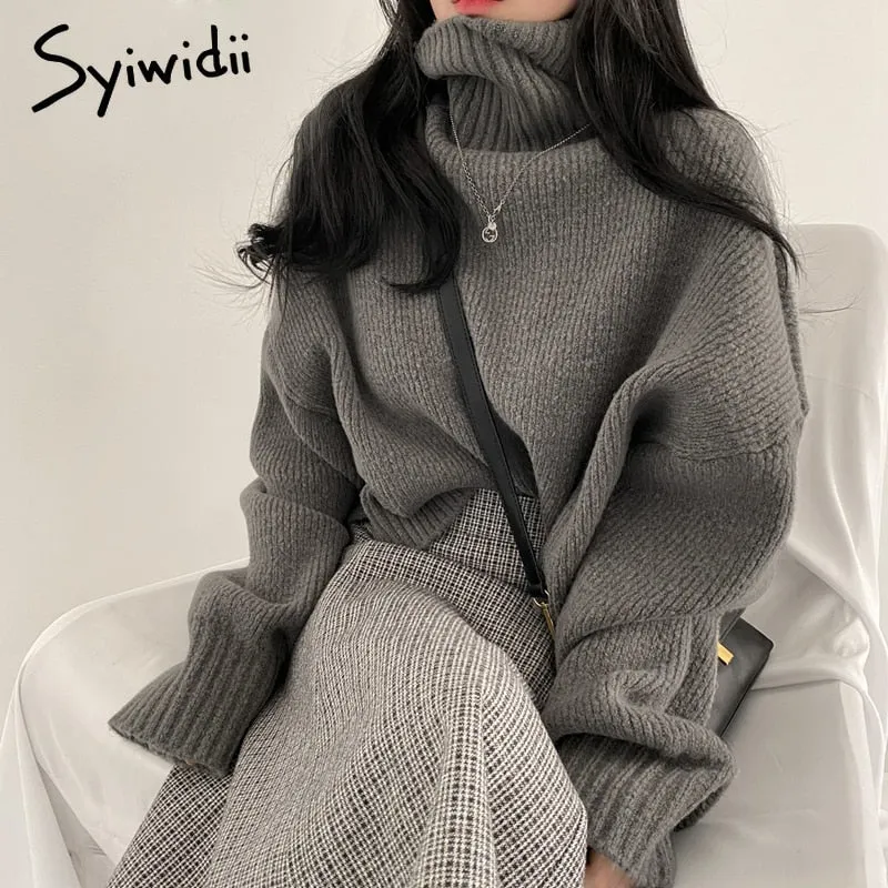 Joskaa Blue Turtleneck Sweaters for Women Fall Winter 2024 New Pullovers Short Knitted Loose Korean Top Fashion Casual Jumpers