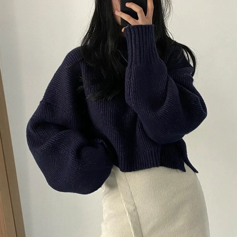 Joskaa Blue Turtleneck Sweaters for Women Fall Winter 2024 New Pullovers Short Knitted Loose Korean Top Fashion Casual Jumpers