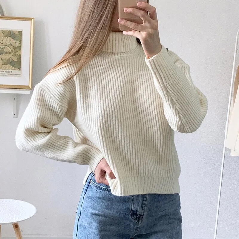 Joskaa Blue Turtleneck Sweaters for Women Fall Winter 2024 New Pullovers Short Knitted Loose Korean Top Fashion Casual Jumpers