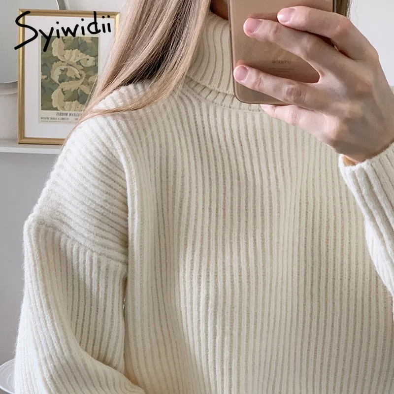 Joskaa Blue Turtleneck Sweaters for Women Fall Winter 2024 New Pullovers Short Knitted Loose Korean Top Fashion Casual Jumpers