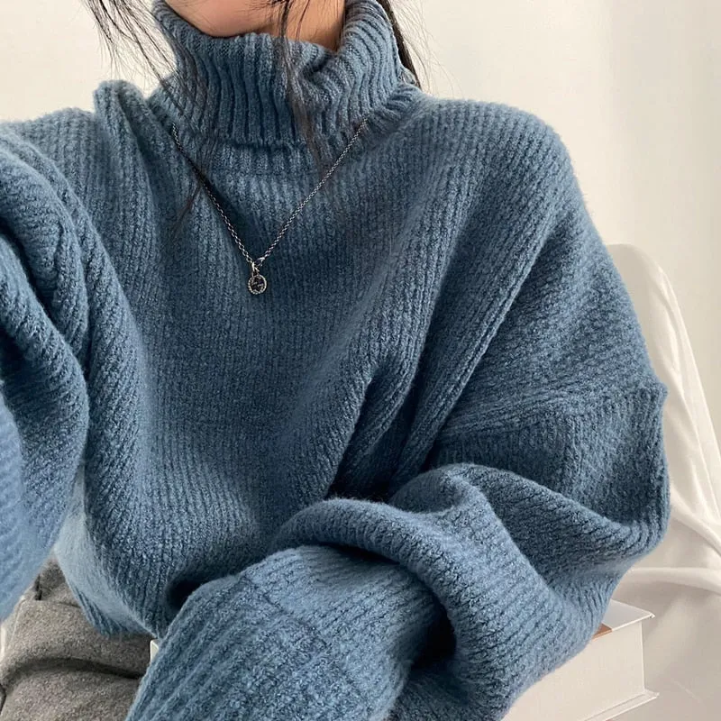 Joskaa Blue Turtleneck Sweaters for Women Fall Winter 2024 New Pullovers Short Knitted Loose Korean Top Fashion Casual Jumpers