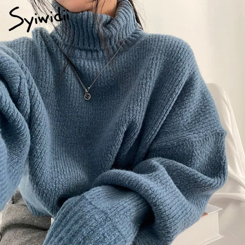 Joskaa Blue Turtleneck Sweaters for Women Fall Winter 2024 New Pullovers Short Knitted Loose Korean Top Fashion Casual Jumpers