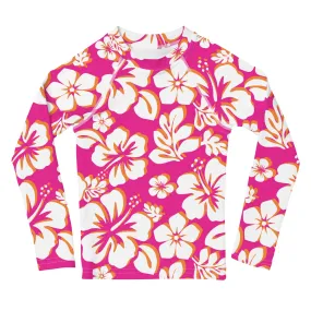 Kids Hot Pink, Orange and White Hawaiian Flowers Rash Guard