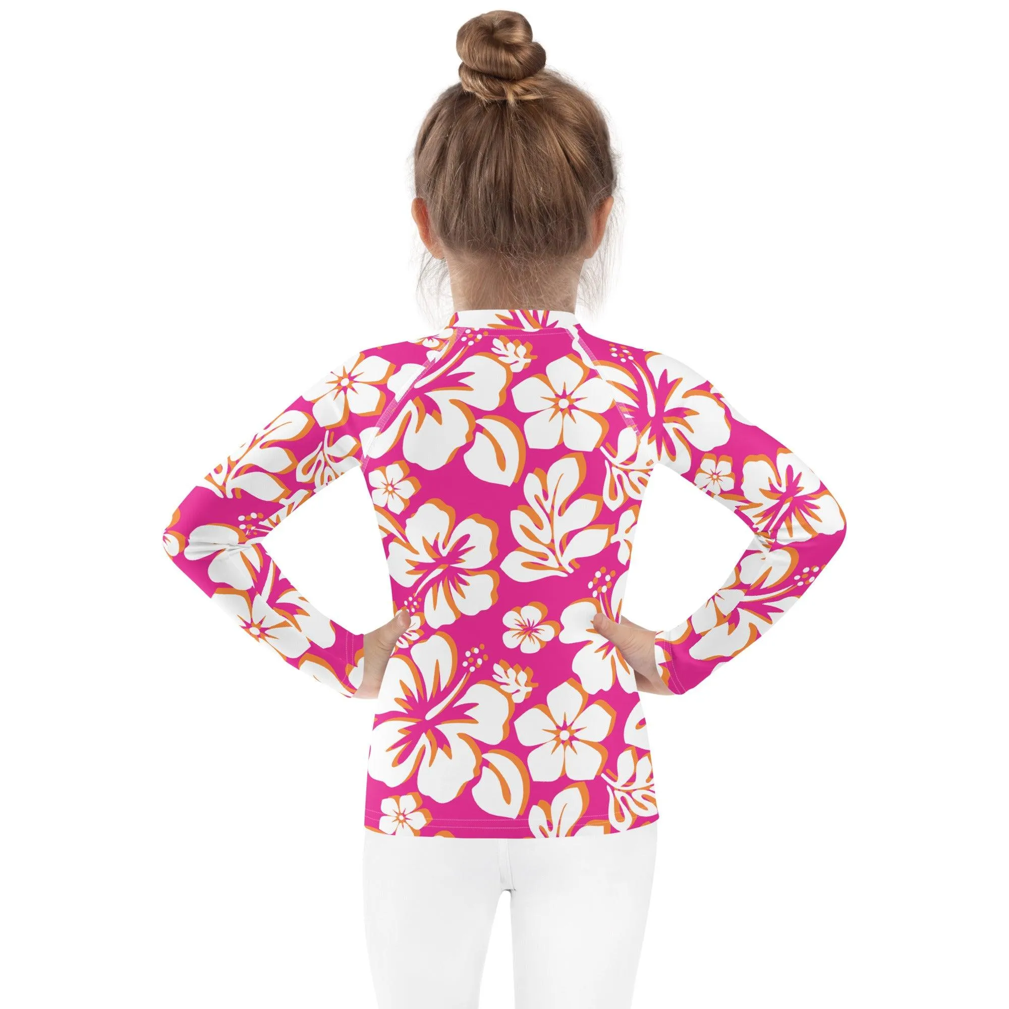 Kids Hot Pink, Orange and White Hawaiian Flowers Rash Guard