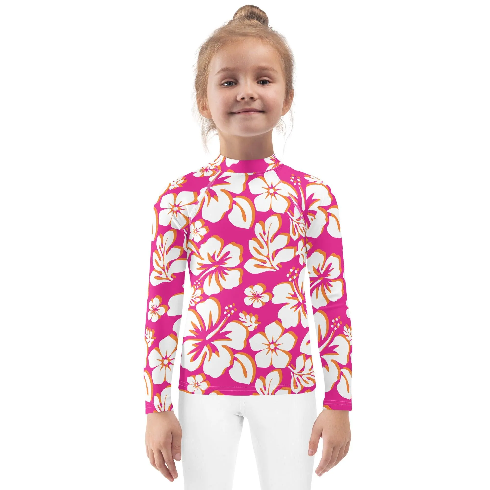 Kids Hot Pink, Orange and White Hawaiian Flowers Rash Guard