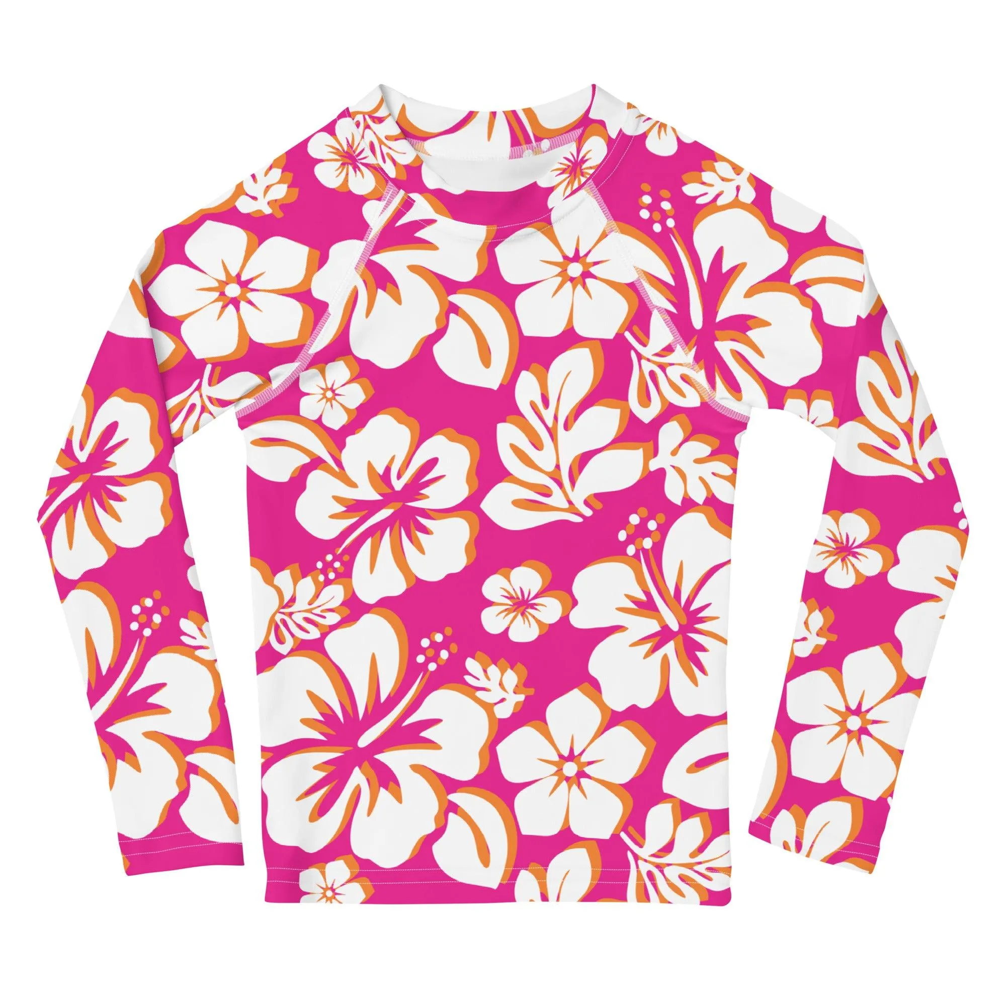 Kids Hot Pink, Orange and White Hawaiian Flowers Rash Guard