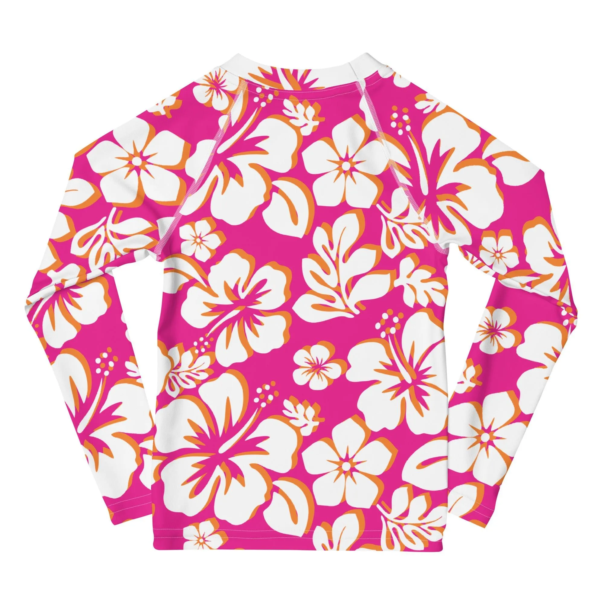 Kids Hot Pink, Orange and White Hawaiian Flowers Rash Guard