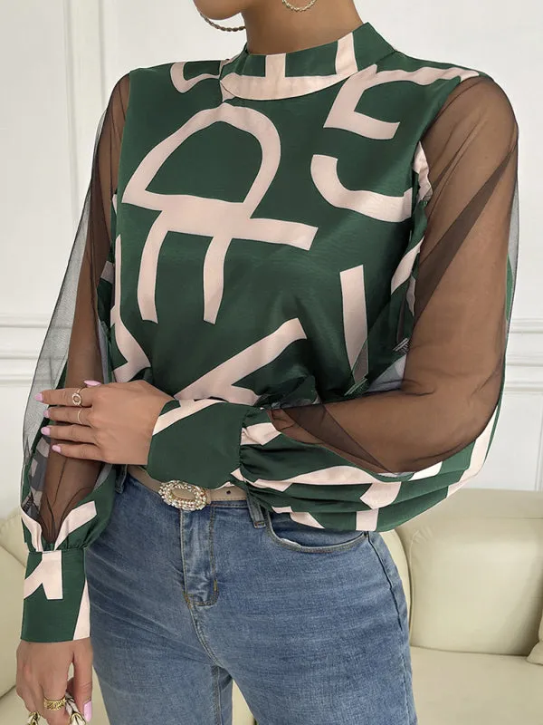 Letter Print Spliced Mesh Long Sleeve Blouse - Top