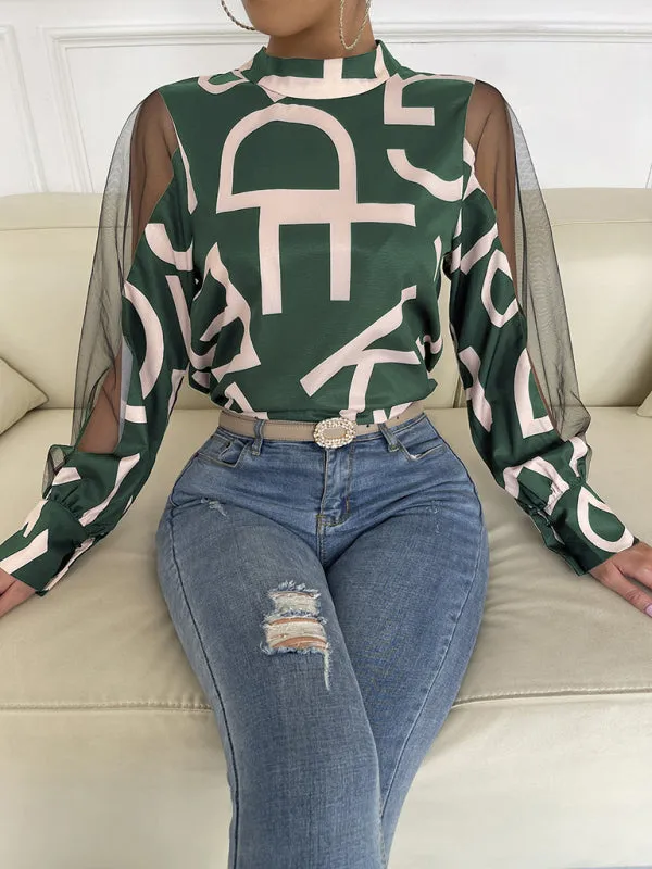 Letter Print Spliced Mesh Long Sleeve Blouse - Top