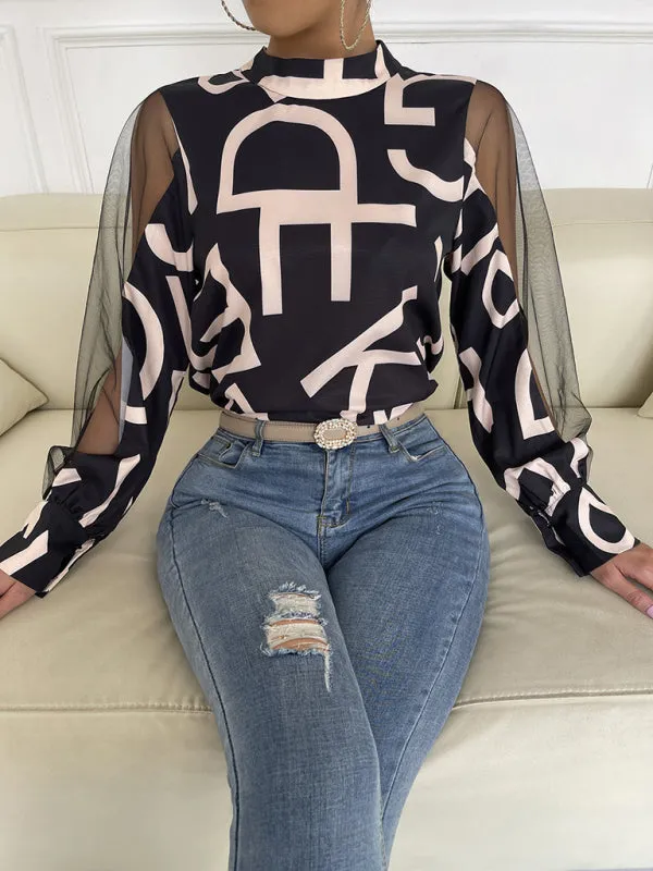 Letter Print Spliced Mesh Long Sleeve Blouse - Top