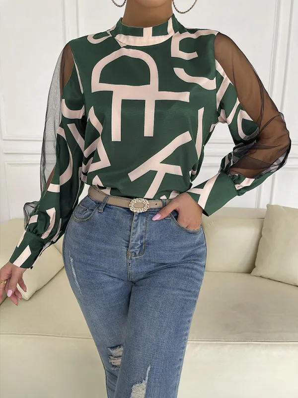 Letter Print Spliced Mesh Long Sleeve Blouse - Top