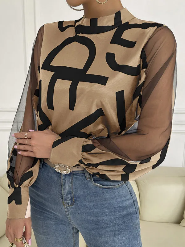 Letter Print Spliced Mesh Long Sleeve Blouse - Top
