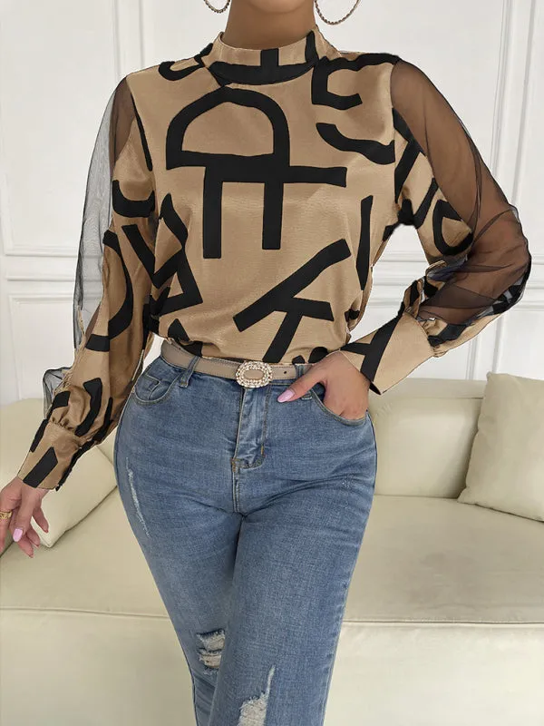 Letter Print Spliced Mesh Long Sleeve Blouse - Top