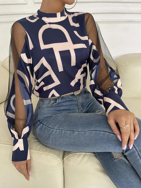Letter Print Spliced Mesh Long Sleeve Blouse - Top