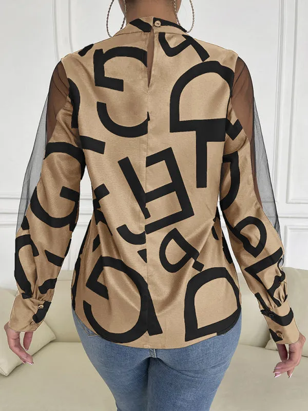 Letter Print Spliced Mesh Long Sleeve Blouse - Top