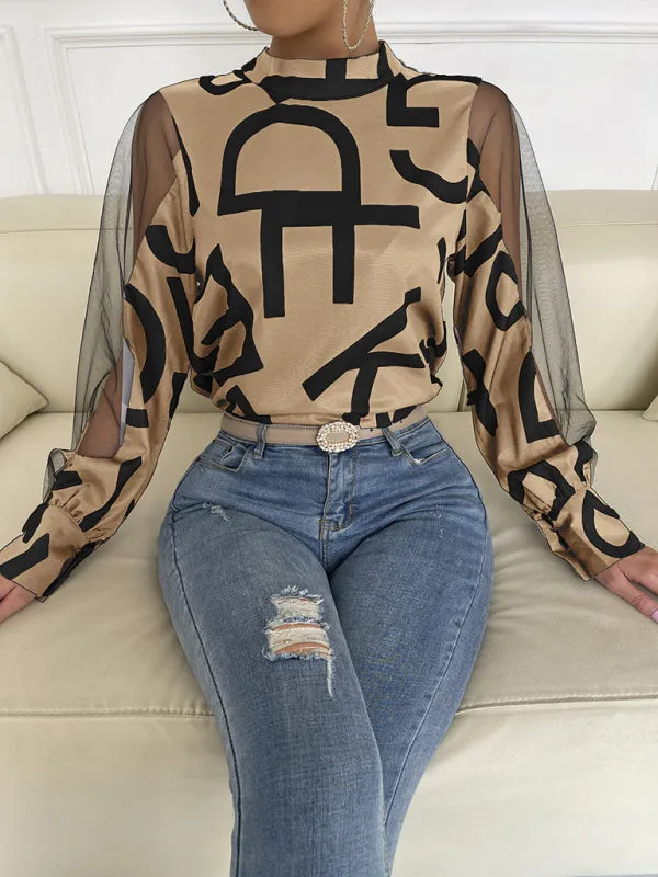 Letter Print Spliced Mesh Long Sleeve Blouse - Top